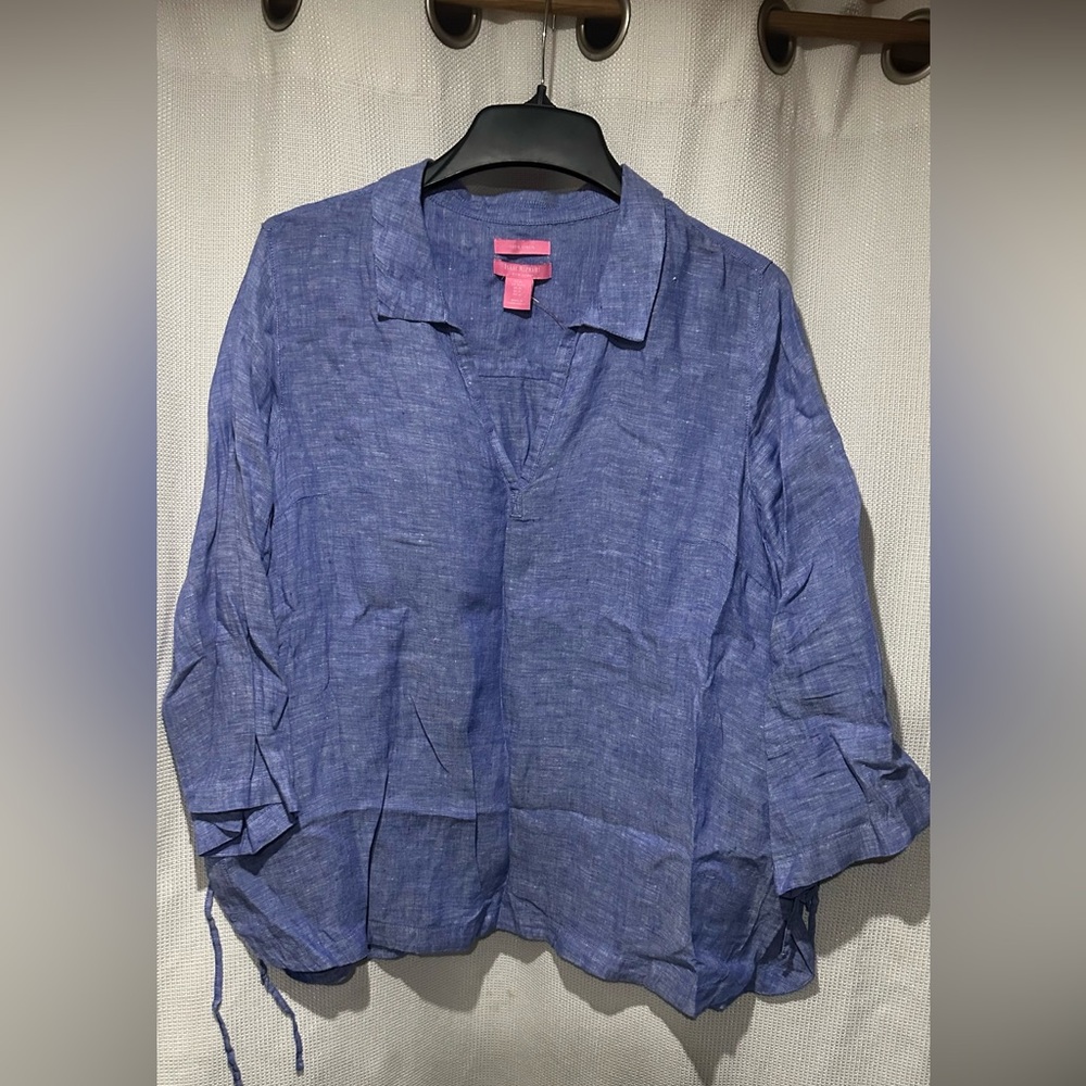 Isaac Mizrahi 100% Linen Blue Blouse